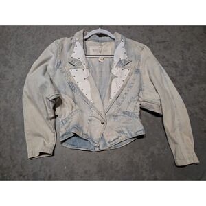 Vintage 80s? Acid Wash Denim Jacket Studded Leather Trim Western Cropped M READ